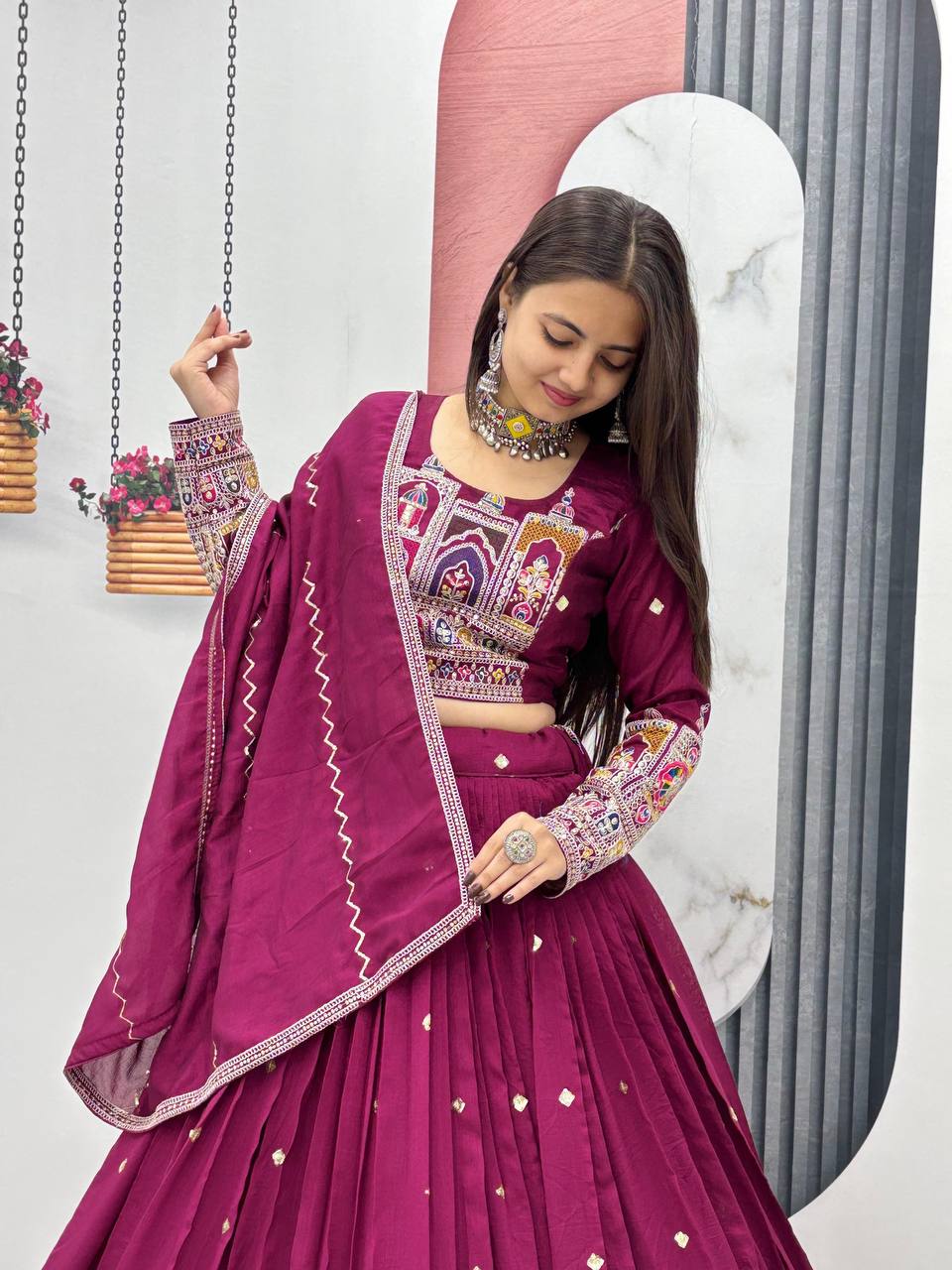 Traditional Wear Wine Color Pure Vichitra Heavy Embroidery Coading Sequence Thread Work Lehenga Choli