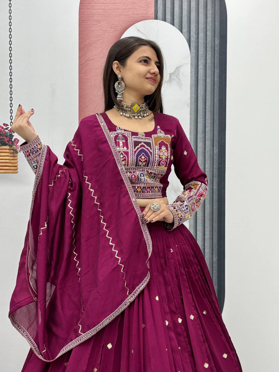 Traditional Wear Wine Color Pure Vichitra Heavy Embroidery Coading Sequence Thread Work Lehenga Choli