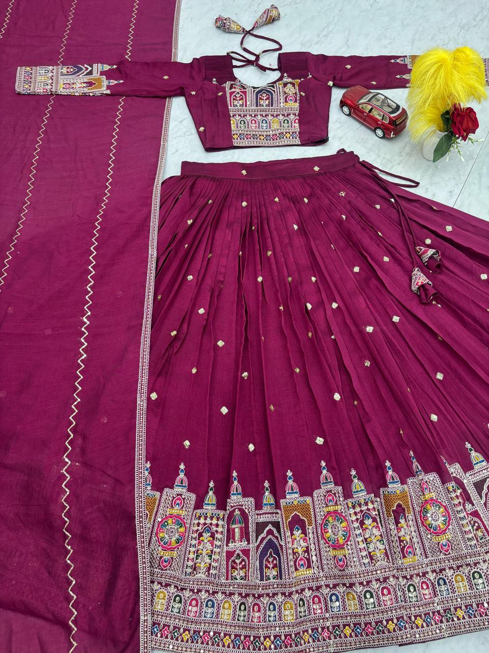 Traditional Wear Wine Color Pure Vichitra Heavy Embroidery Coading Sequence Thread Work Lehenga Choli