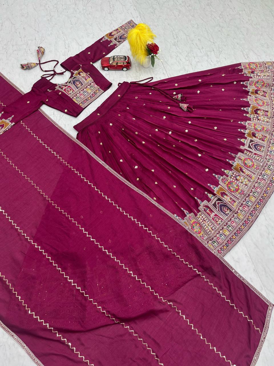 Traditional Wear Wine Color Pure Vichitra Heavy Embroidery Coading Sequence Thread Work Lehenga Choli