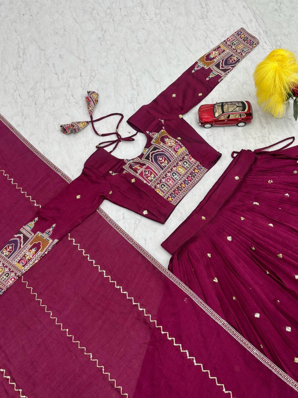 Traditional Wear Wine Color Pure Vichitra Heavy Embroidery Coading Sequence Thread Work Lehenga Choli