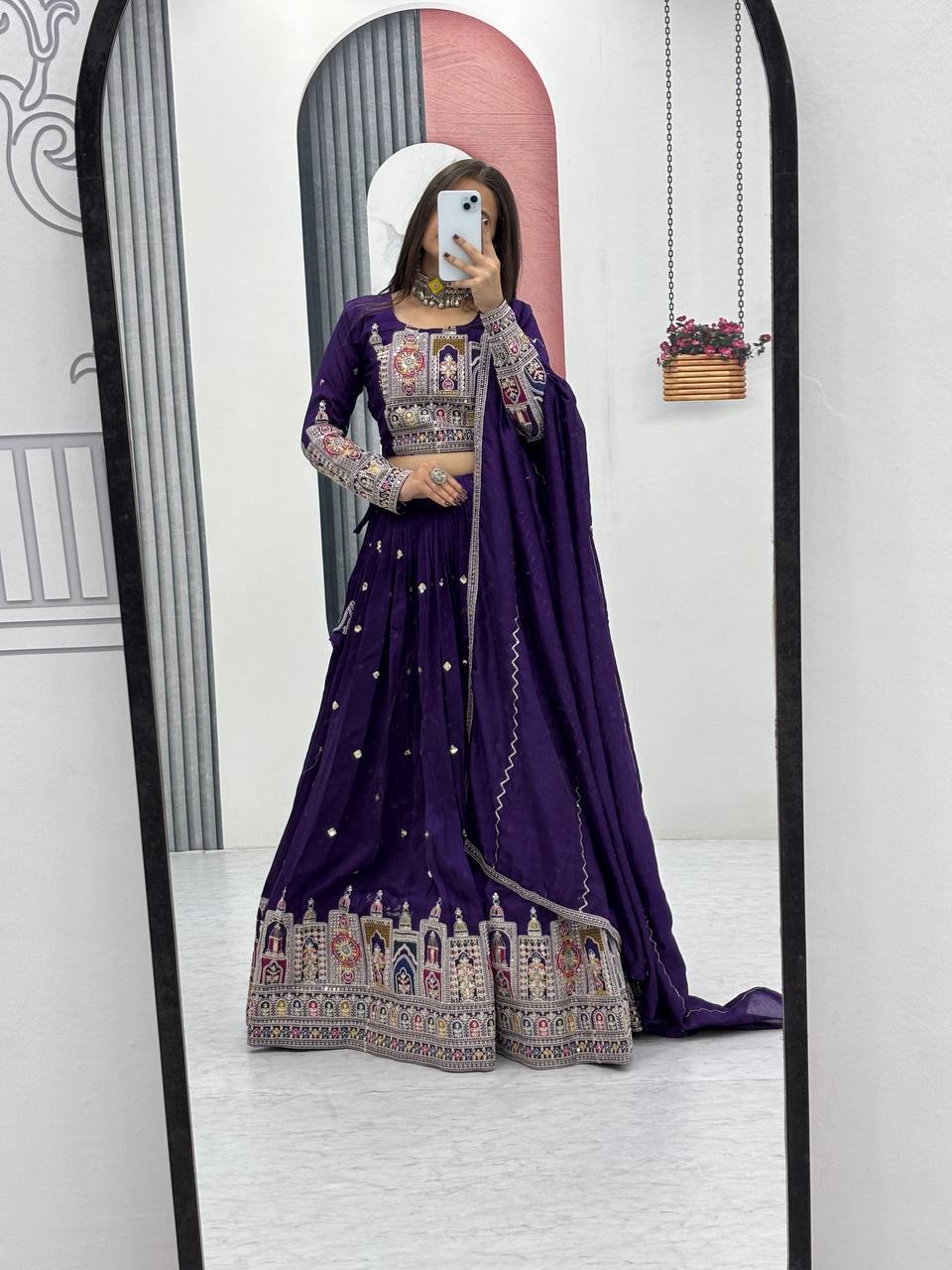 Traditional Wear Purple Color Pure Vichitra Heavy Embroidery Coading Sequence Thread Work Lehenga Choli