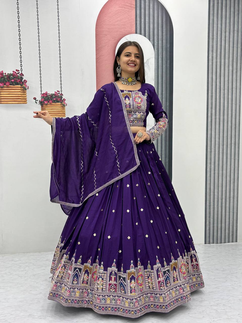 Traditional Wear Purple Color Pure Vichitra Heavy Embroidery Coading Sequence Thread Work Lehenga Choli