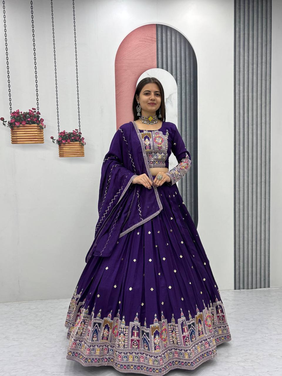 Traditional Wear Purple Color Pure Vichitra Heavy Embroidery Coading Sequence Thread Work Lehenga Choli