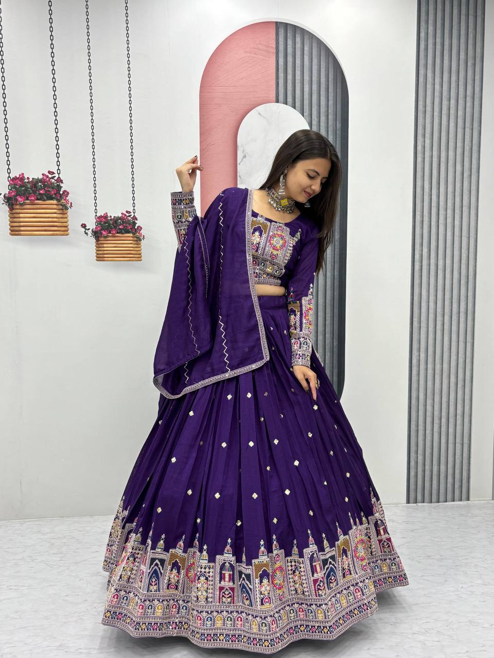 Traditional Wear Purple Color Pure Vichitra Heavy Embroidery Coading Sequence Thread Work Lehenga Choli