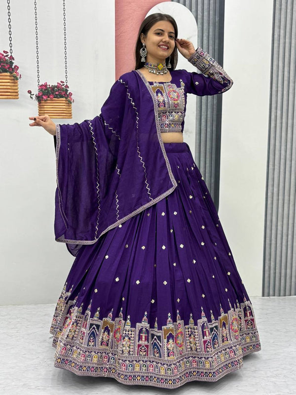 Traditional Wear Purple Color Pure Vichitra Heavy Embroidery Coading Sequence Thread Work Lehenga Choli