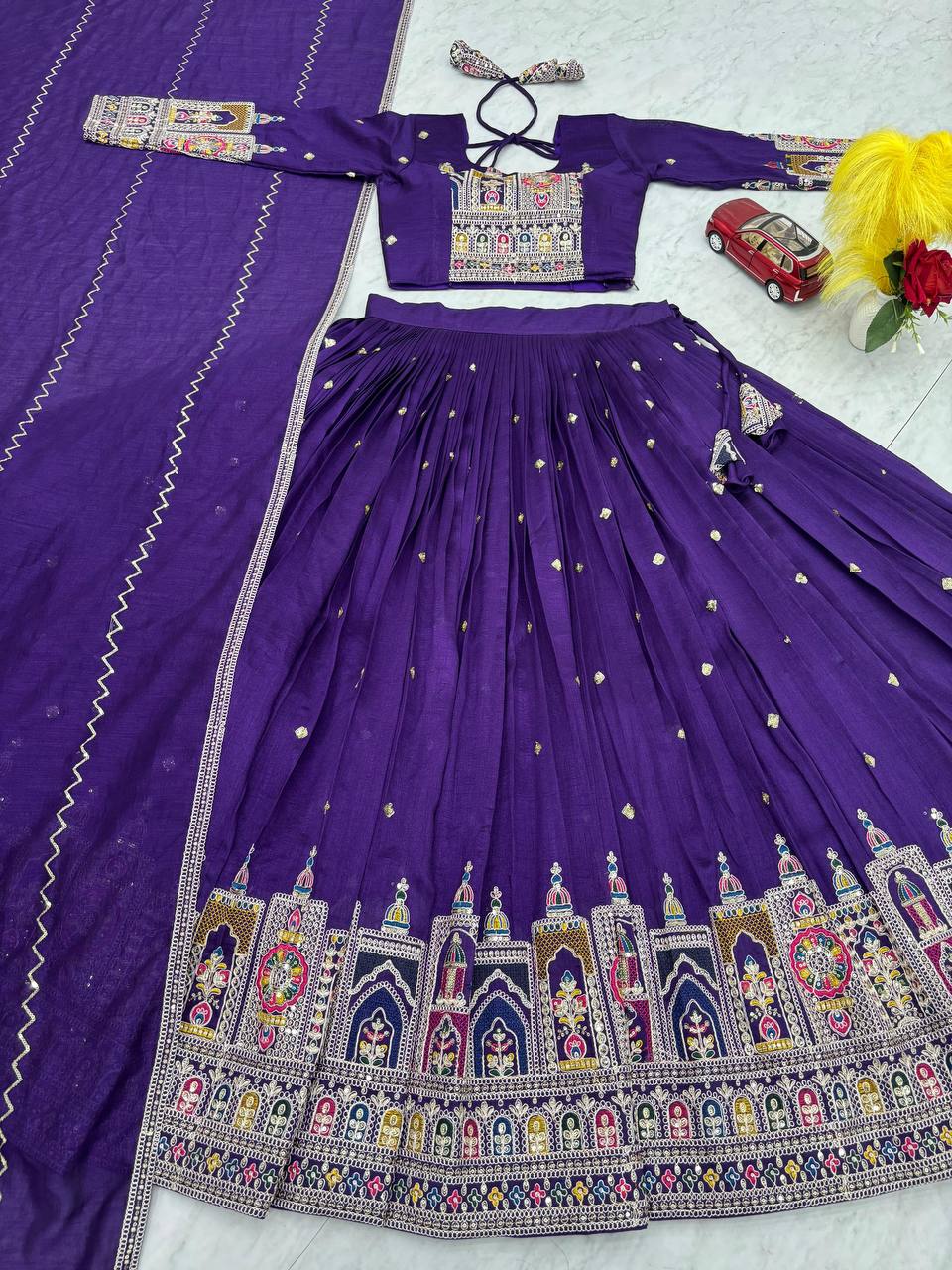 Traditional Wear Purple Color Pure Vichitra Heavy Embroidery Coading Sequence Thread Work Lehenga Choli