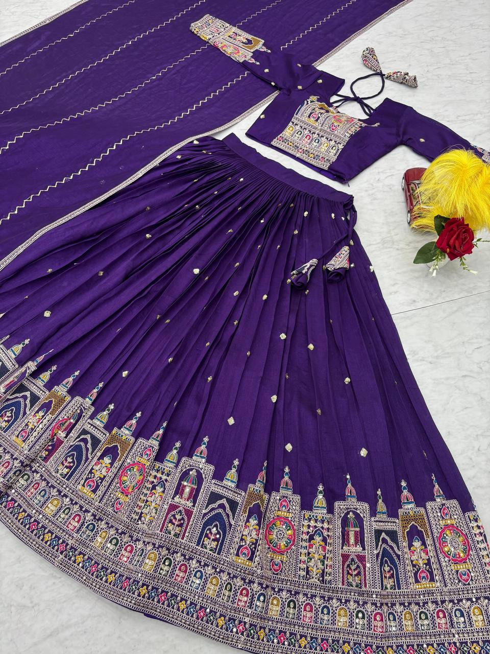 Traditional Wear Purple Color Pure Vichitra Heavy Embroidery Coading Sequence Thread Work Lehenga Choli