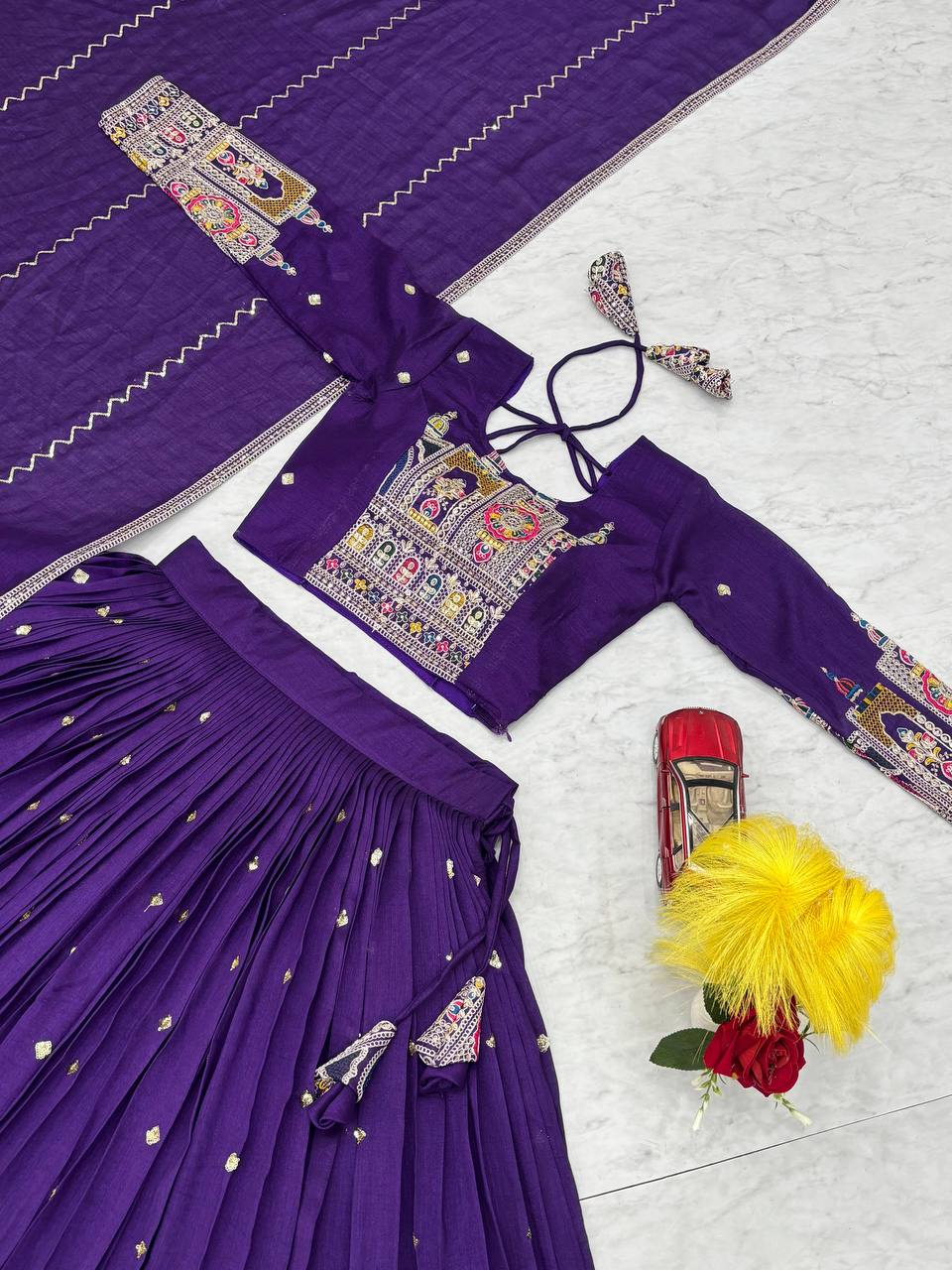 Traditional Wear Purple Color Pure Vichitra Heavy Embroidery Coading Sequence Thread Work Lehenga Choli
