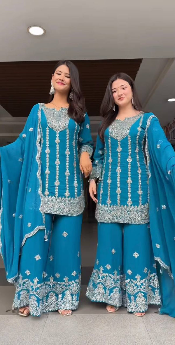 Light Blue Color Designer Embroidered Palazzo Suit