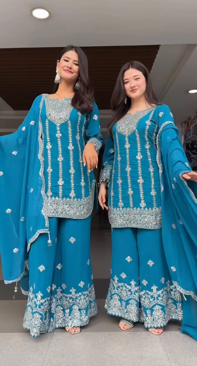 Light Blue Color Designer Embroidered Palazzo Suit