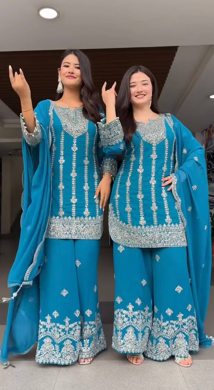 Light Blue Color Designer Embroidered Palazzo Suit