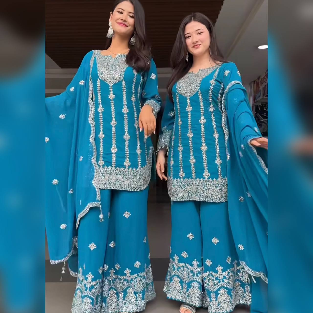 Light Blue Color Designer Embroidered Palazzo Suit