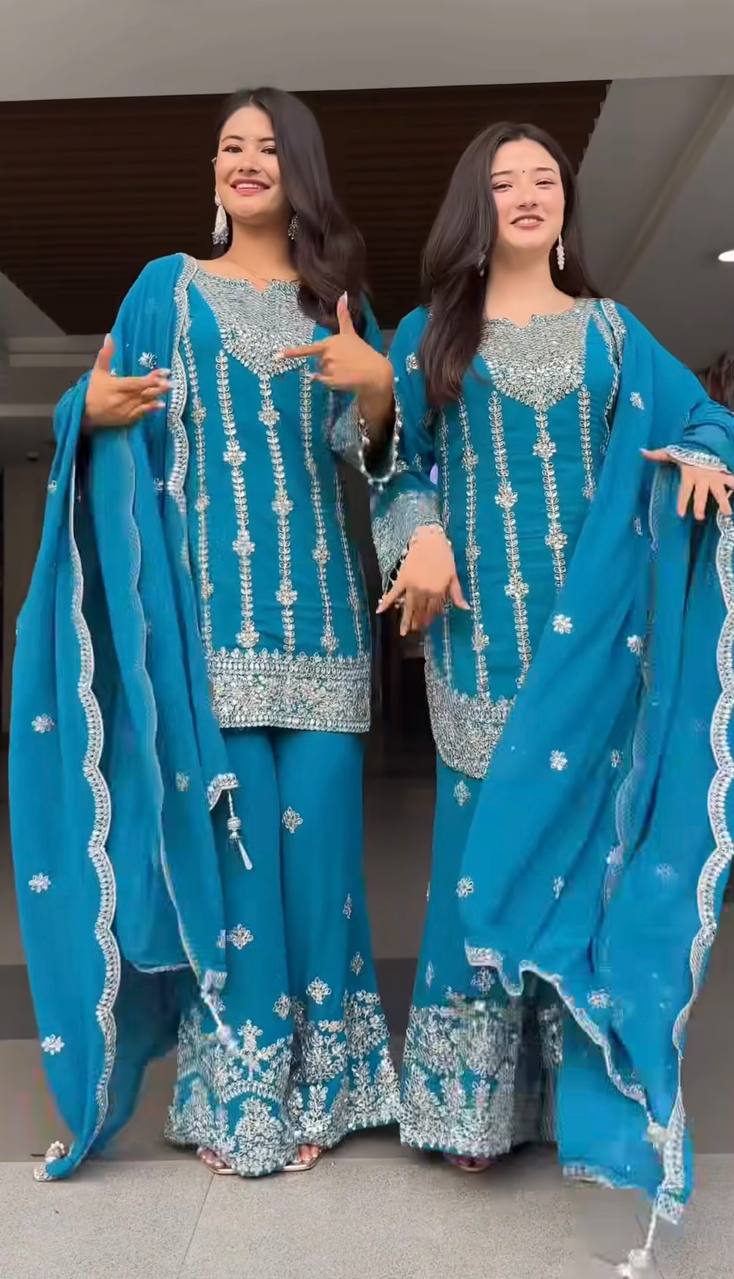 Light Blue Color Designer Embroidered Palazzo Suit