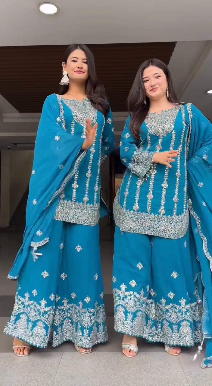 Light Blue Color Designer Embroidered Palazzo Suit
