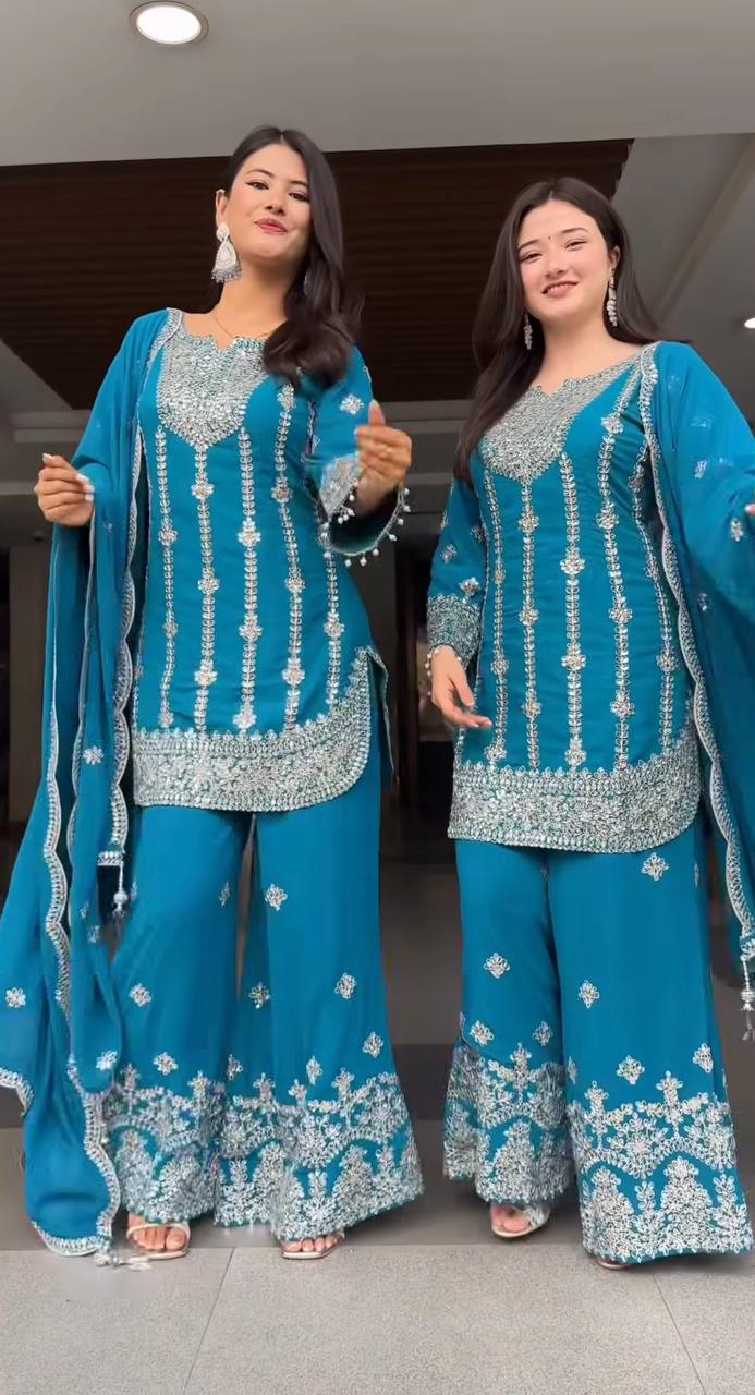 Light Blue Color Designer Embroidered Palazzo Suit