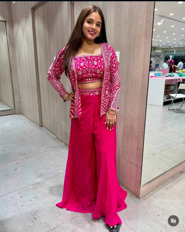 Party Wear Pink Color Chinon Silk Embroidery Sequins Thread Work Koti With Palazzo Suit