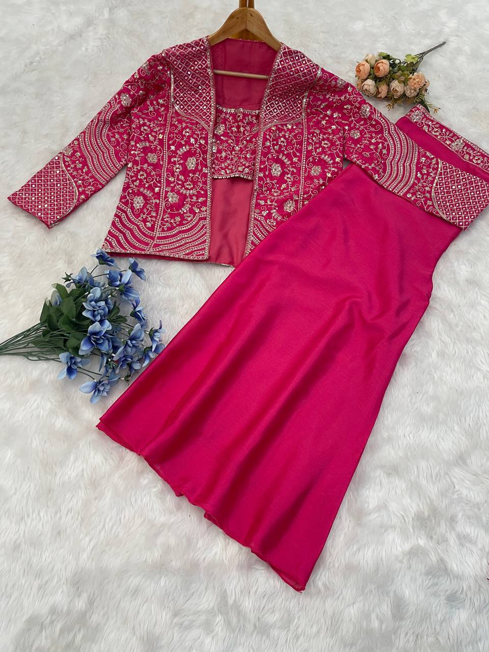 Party Wear Pink Color Chinon Silk Embroidery Sequins Thread Work Koti With Palazzo Suit