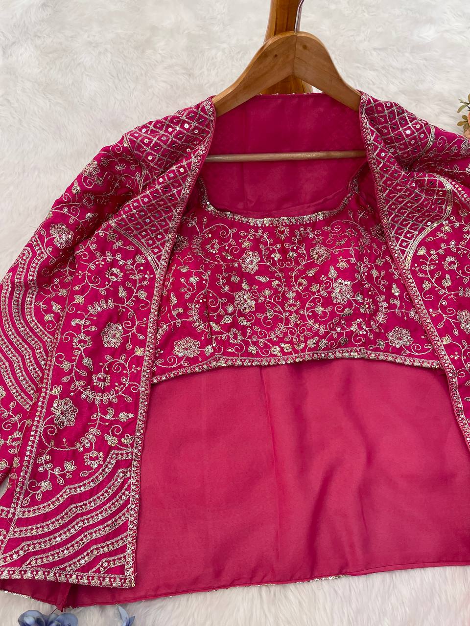 Party Wear Pink Color Chinon Silk Embroidery Sequins Thread Work Koti With Palazzo Suit