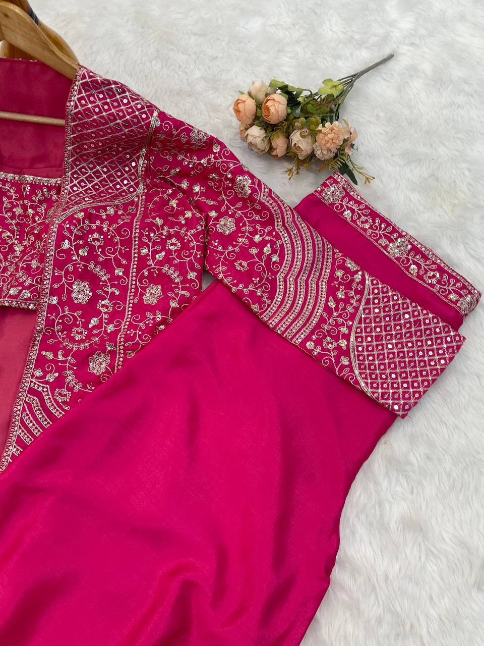 Party Wear Pink Color Chinon Silk Embroidery Sequins Thread Work Koti With Palazzo Suit
