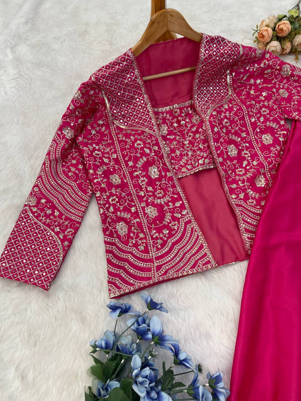 Party Wear Pink Color Chinon Silk Embroidery Sequins Thread Work Koti With Palazzo Suit