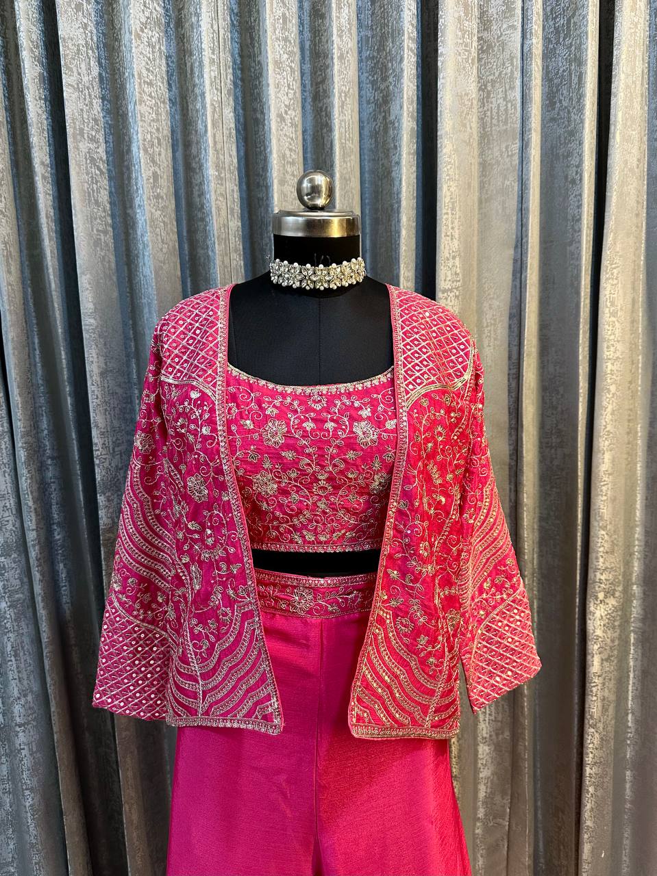Party Wear Pink Color Chinon Silk Embroidery Sequins Thread Work Koti With Palazzo Suit