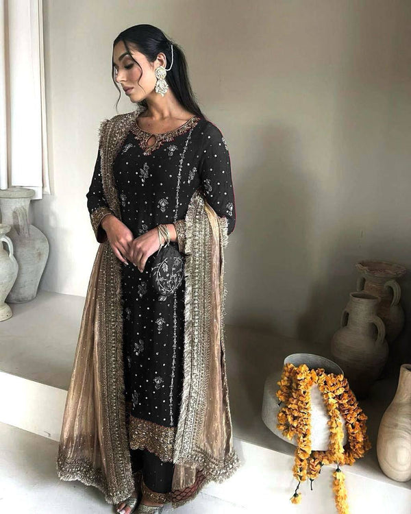 Stunning Black Color Faux Georgette With Sequence Embroidery Work Salwar Suit