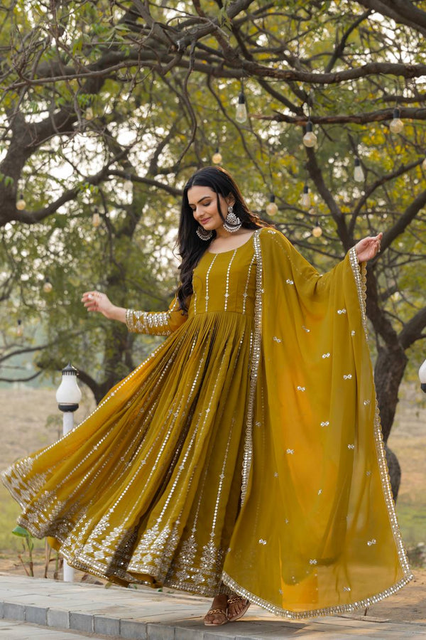 Superhit Mahendi Green Color Faux Georgette With Sequence Embroidery Work Beautiful Gown