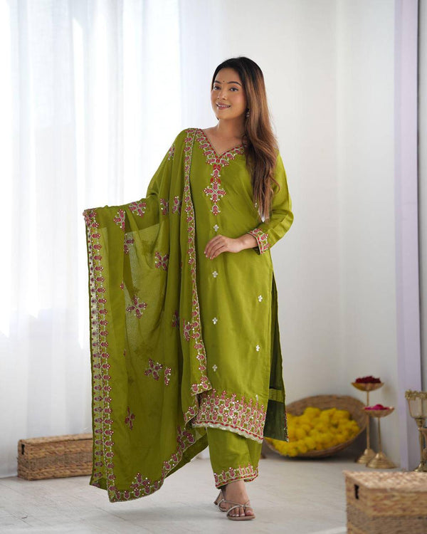 Ceremony Wear Green Color Pure Chinon Silk With 5mm Embroidery Sequence Work Salwar Suit