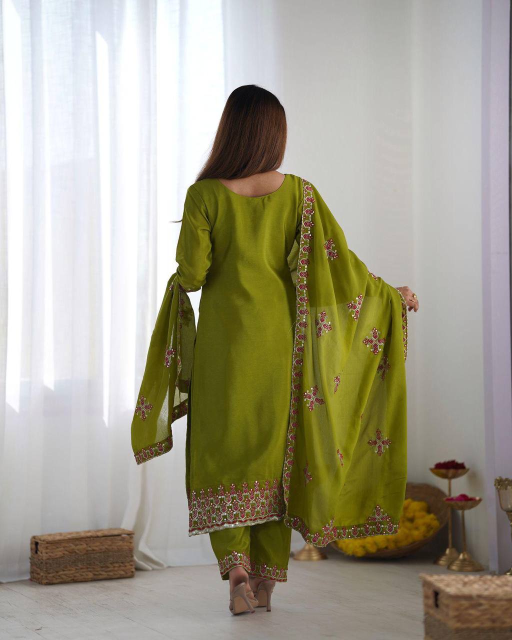 Ceremony Wear Green Color Pure Chinon Silk With 5mm Embroidery Sequence Work Salwar Suit