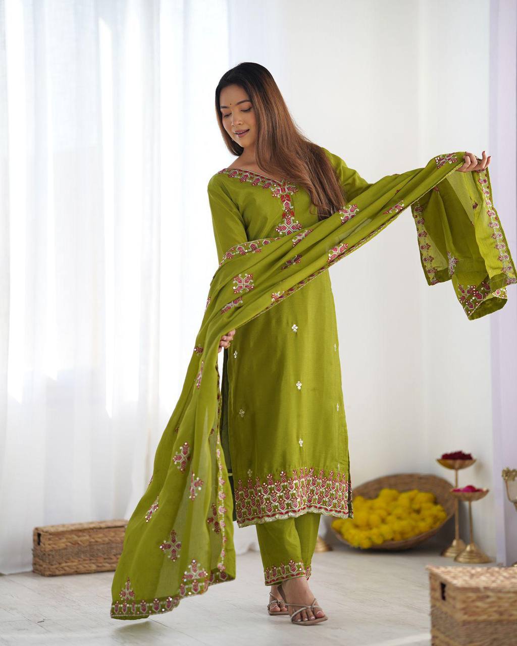 Ceremony Wear Green Color Pure Chinon Silk With 5mm Embroidery Sequence Work Salwar Suit