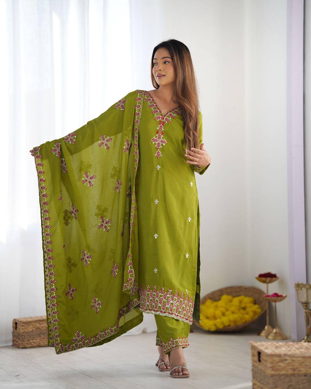 Ceremony Wear Green Color Pure Chinon Silk With 5mm Embroidery Sequence Work Salwar Suit