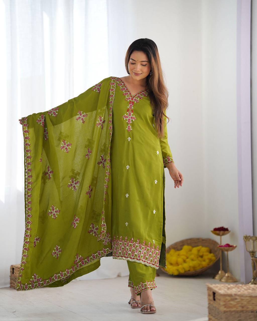 Ceremony Wear Green Color Pure Chinon Silk With 5mm Embroidery Sequence Work Salwar Suit