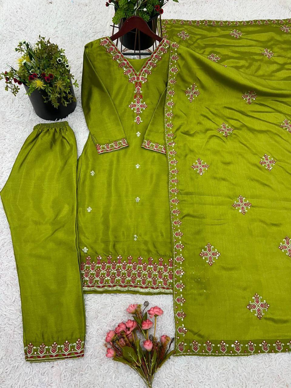 Ceremony Wear Green Color Pure Chinon Silk With 5mm Embroidery Sequence Work Salwar Suit