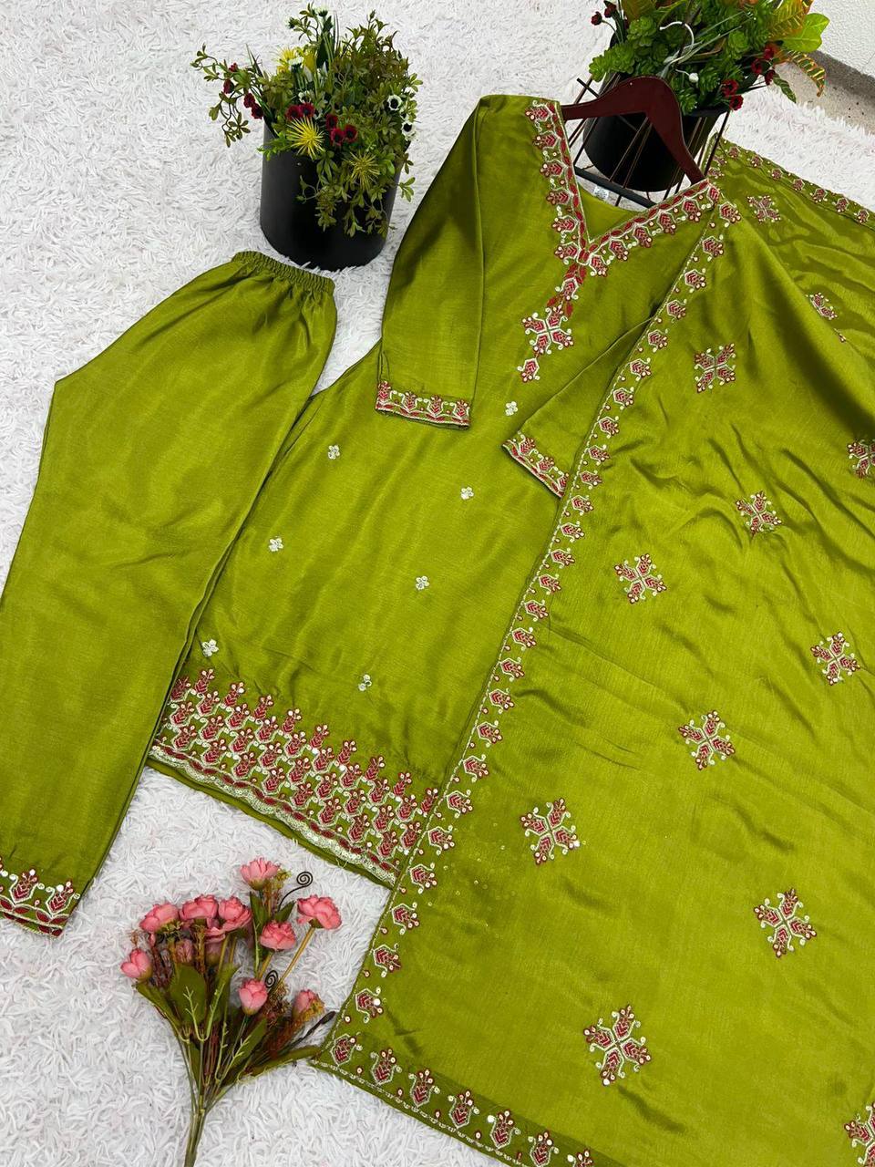 Ceremony Wear Green Color Pure Chinon Silk With 5mm Embroidery Sequence Work Salwar Suit