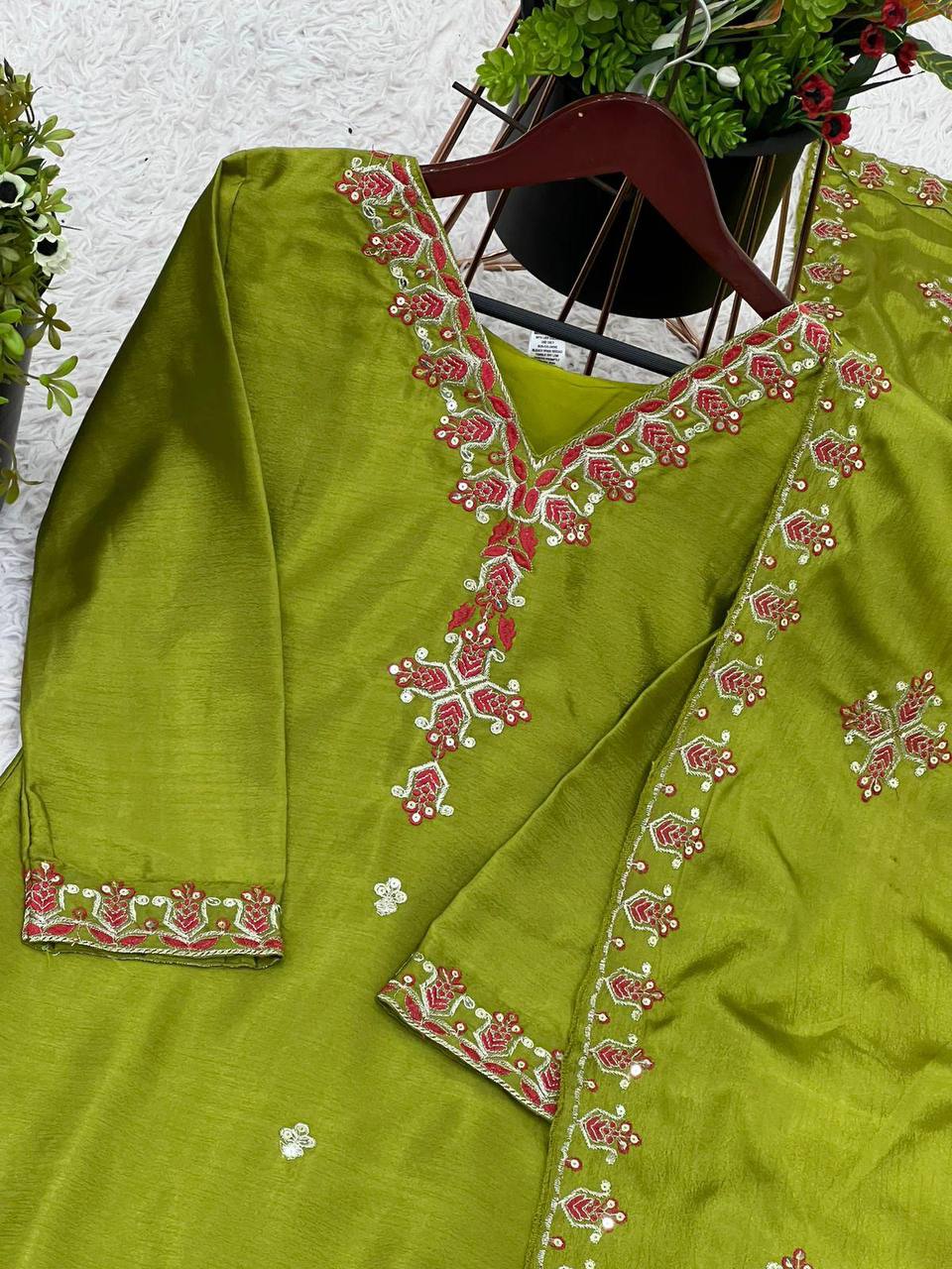 Ceremony Wear Green Color Pure Chinon Silk With 5mm Embroidery Sequence Work Salwar Suit