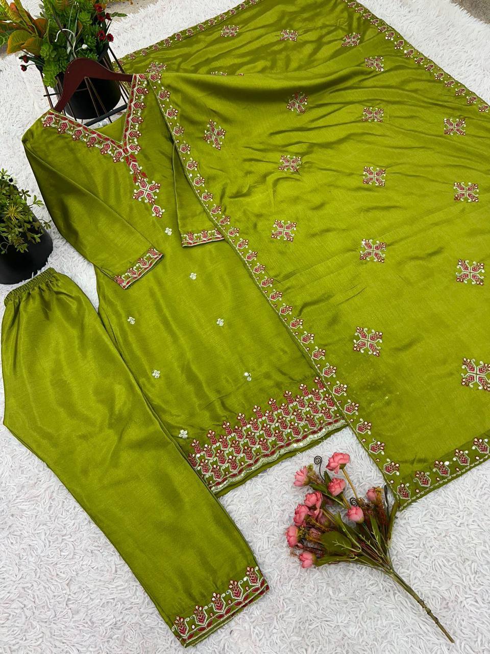 Ceremony Wear Green Color Pure Chinon Silk With 5mm Embroidery Sequence Work Salwar Suit