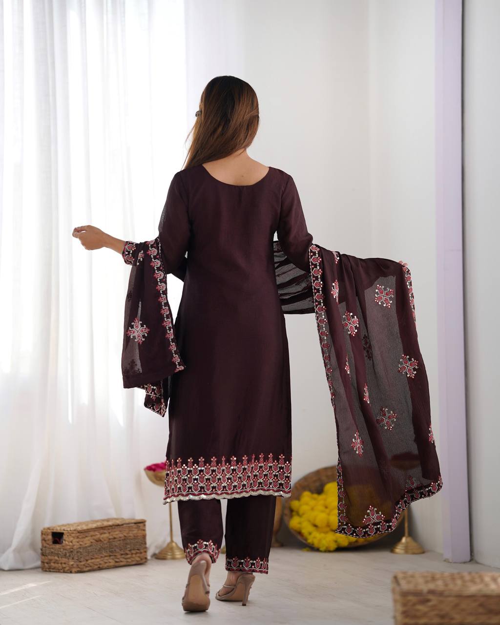 Ceremony Wear Wine Color Pure Chinon Silk With 5mm Embroidery Sequence Work Salwar Suit