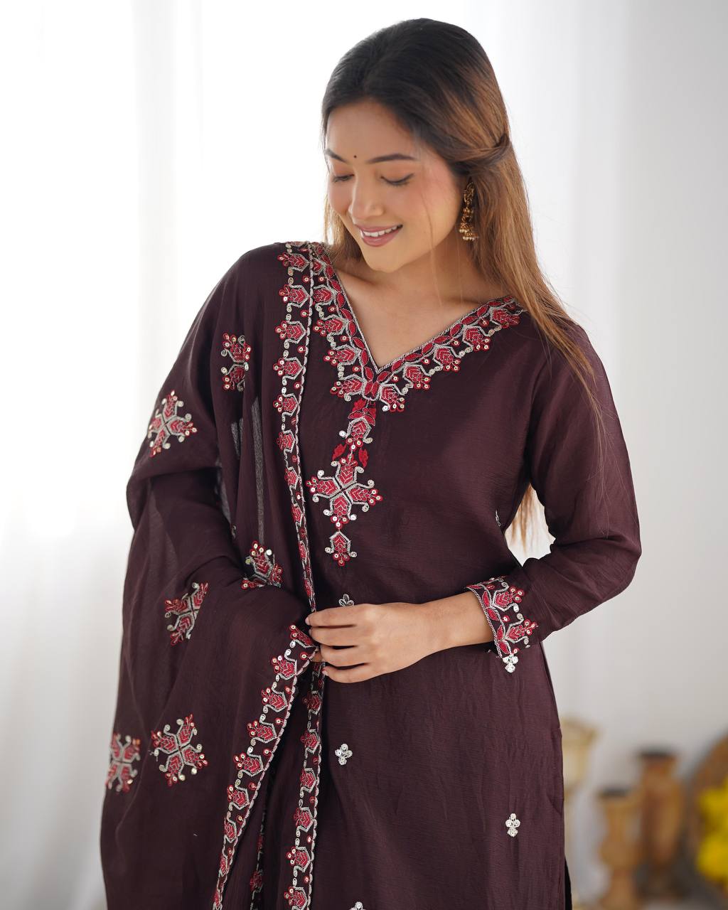 Ceremony Wear Wine Color Pure Chinon Silk With 5mm Embroidery Sequence Work Salwar Suit