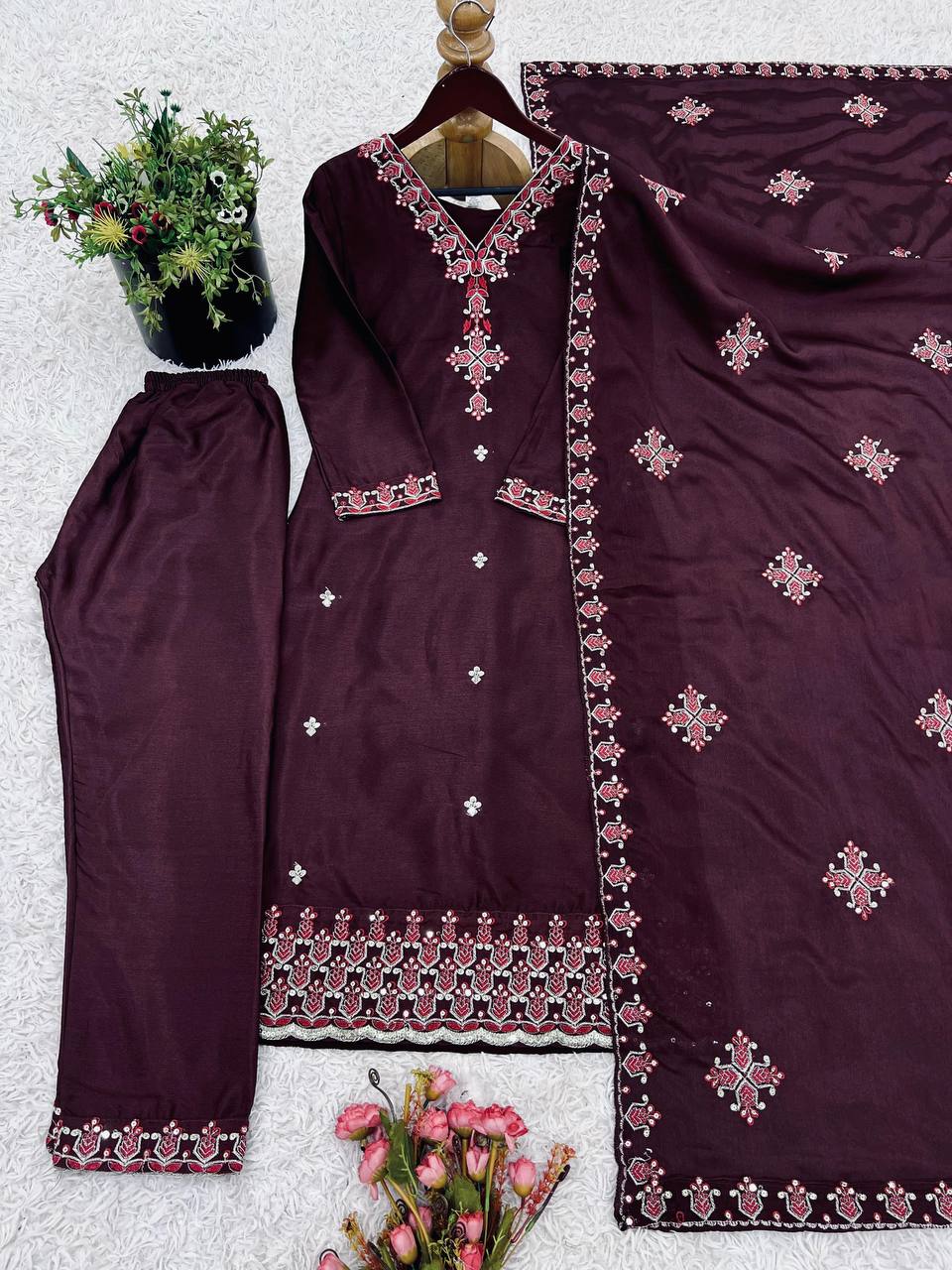 Ceremony Wear Wine Color Pure Chinon Silk With 5mm Embroidery Sequence Work Salwar Suit