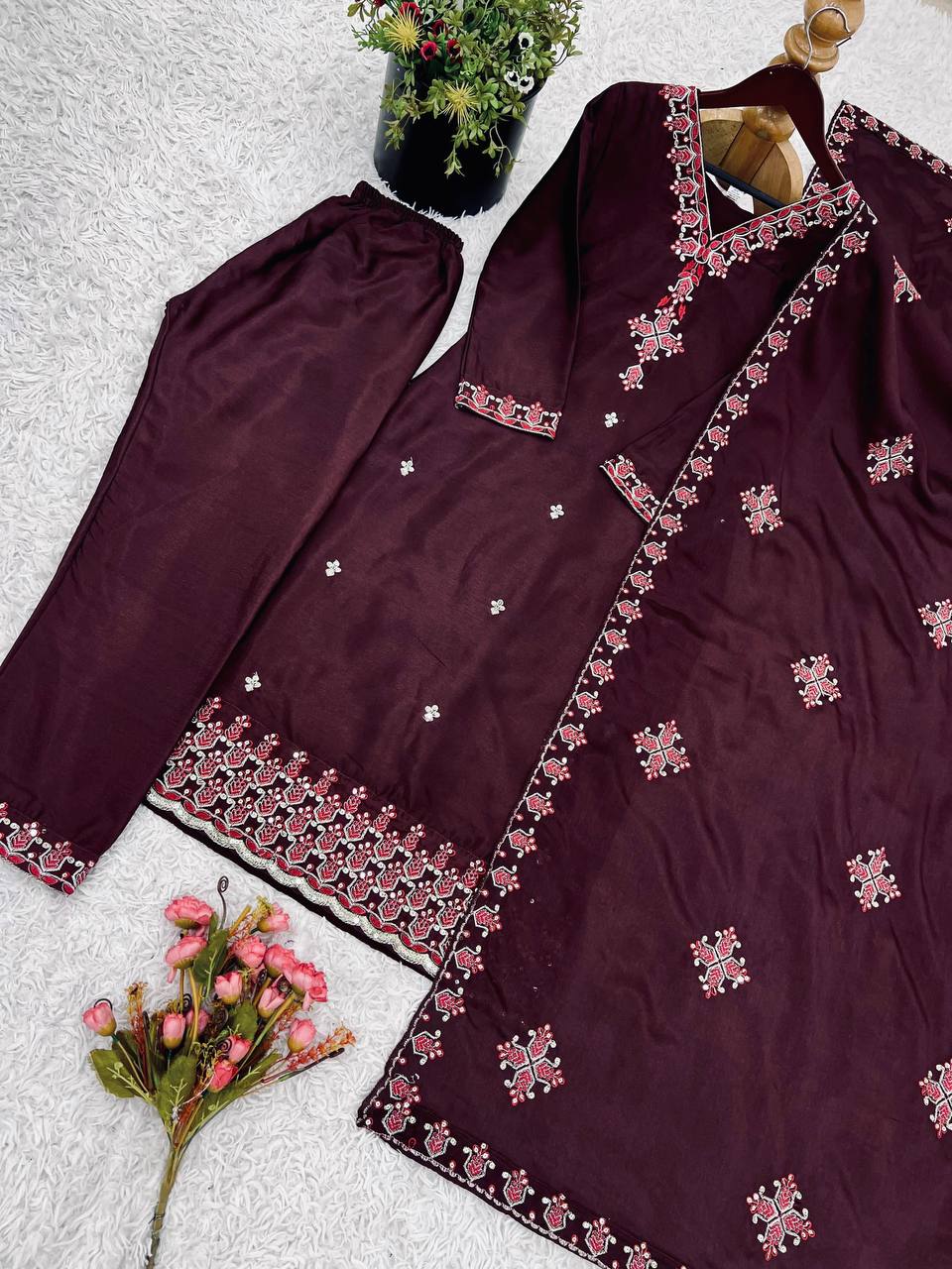 Ceremony Wear Wine Color Pure Chinon Silk With 5mm Embroidery Sequence Work Salwar Suit