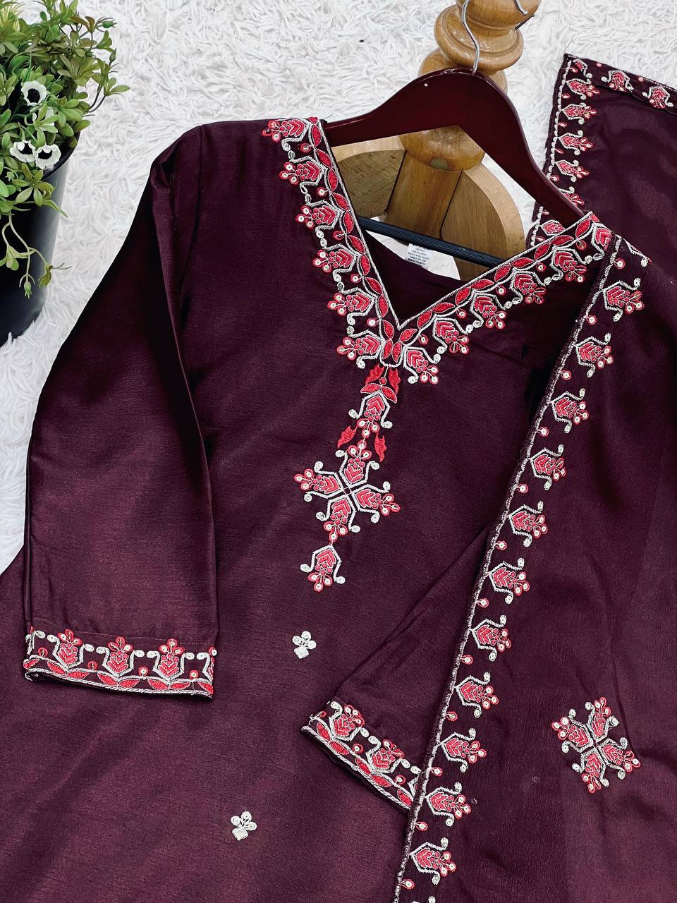 Ceremony Wear Wine Color Pure Chinon Silk With 5mm Embroidery Sequence Work Salwar Suit