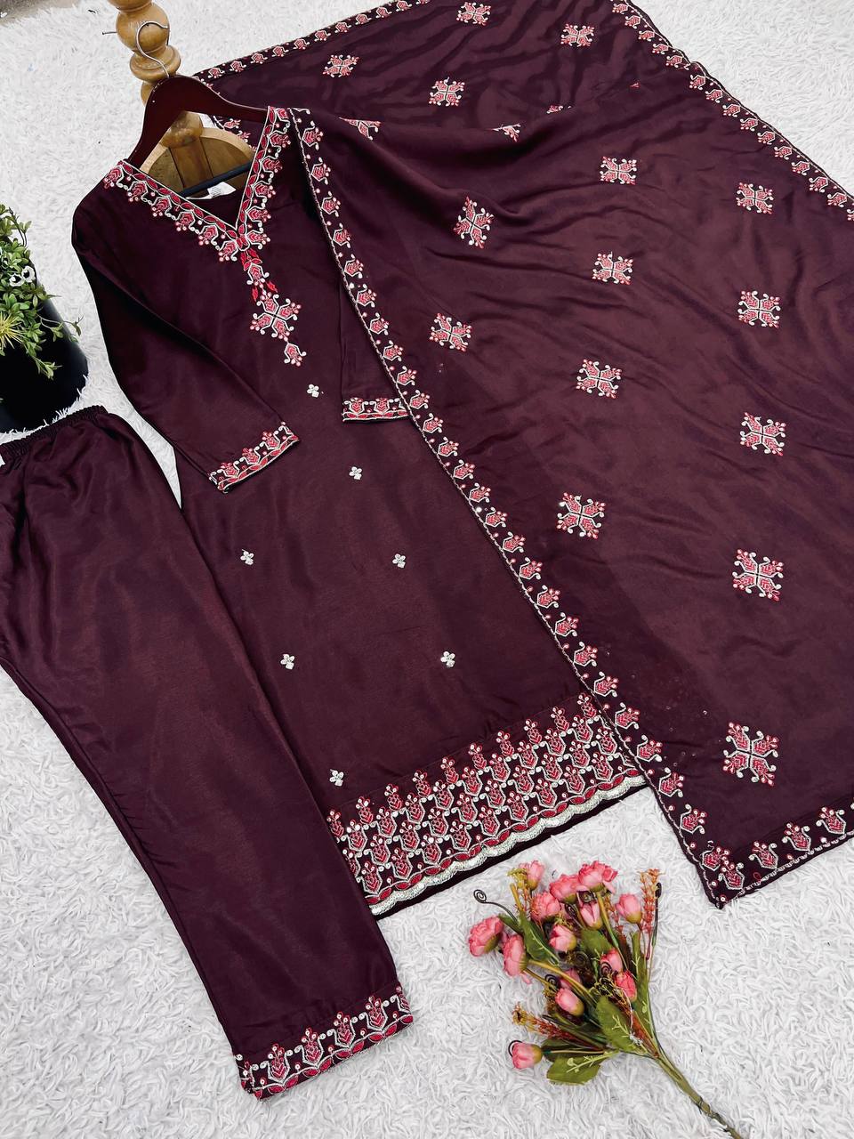 Ceremony Wear Wine Color Pure Chinon Silk With 5mm Embroidery Sequence Work Salwar Suit