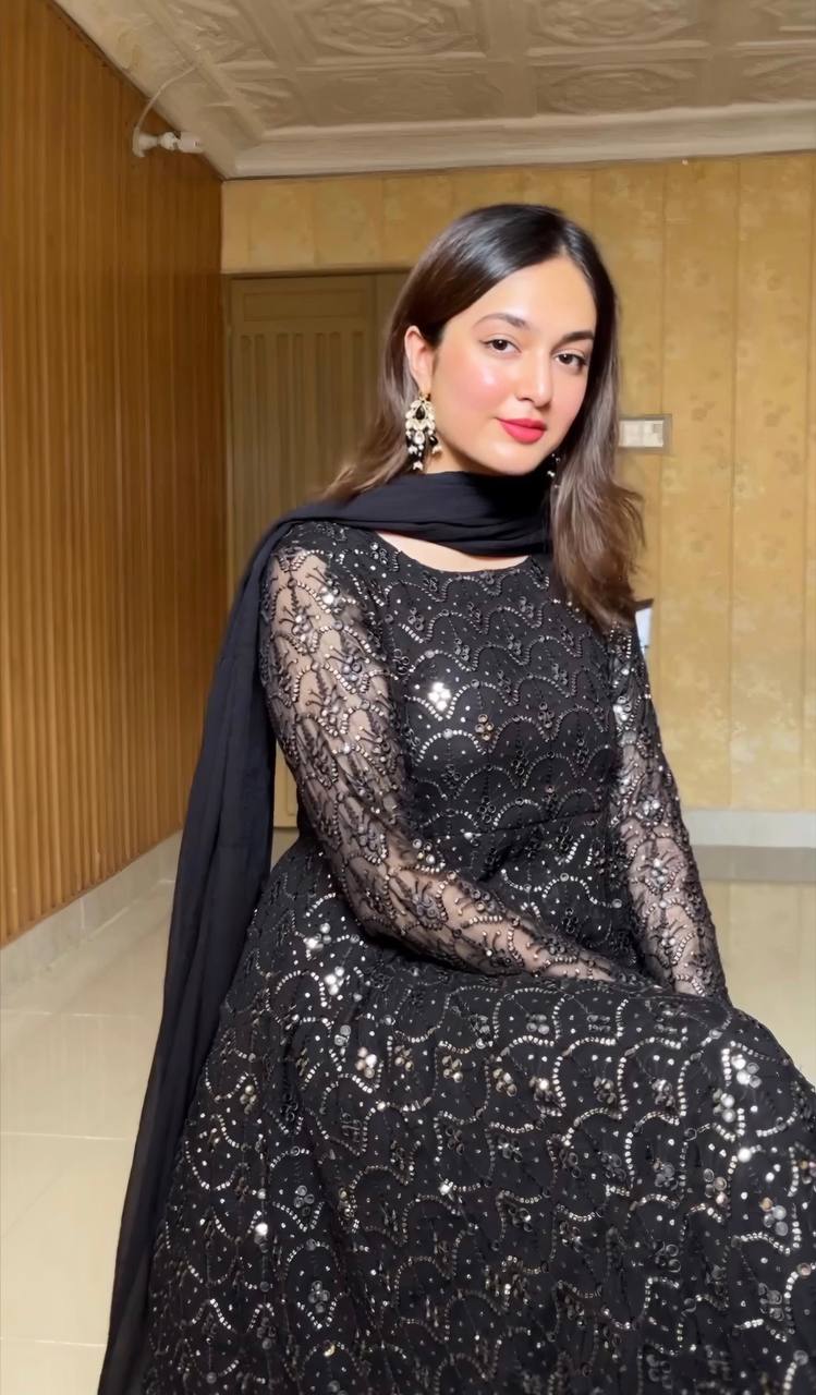 Luxuriant Black Color Faux Blooming With Heavy Sequins And Thread Embroidered Work Palazzo Suit