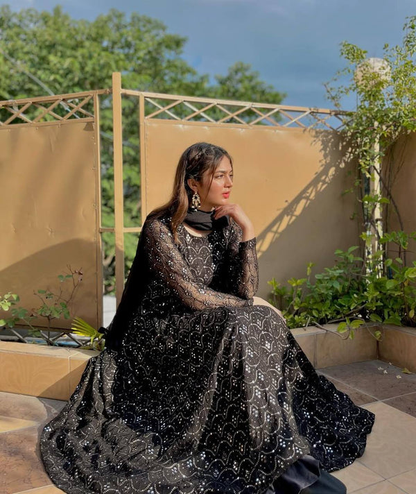 Luxuriant Black Color Faux Blooming With Heavy Sequins And Thread Embroidered Work Palazzo Suit