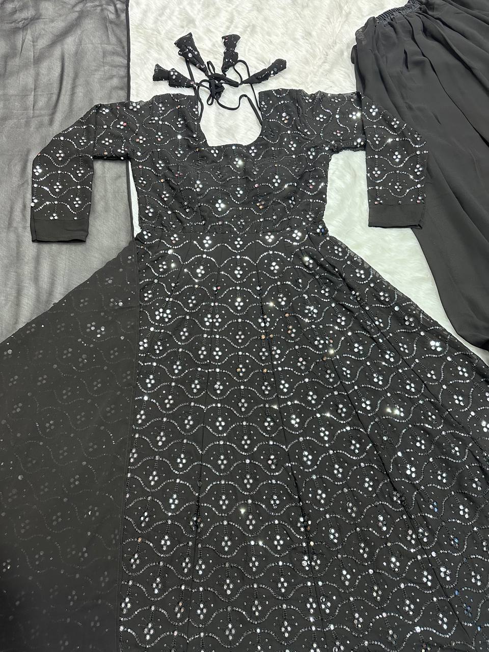 Luxuriant Black Color Faux Blooming With Heavy Sequins And Thread Embroidered Work Palazzo Suit