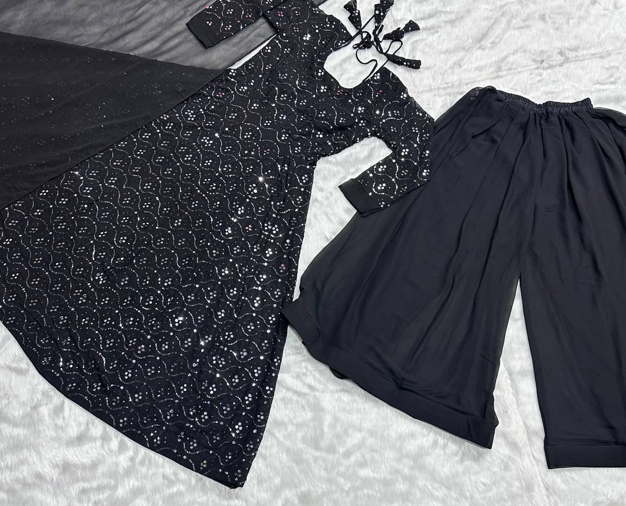 Luxuriant Black Color Faux Blooming With Heavy Sequins And Thread Embroidered Work Palazzo Suit