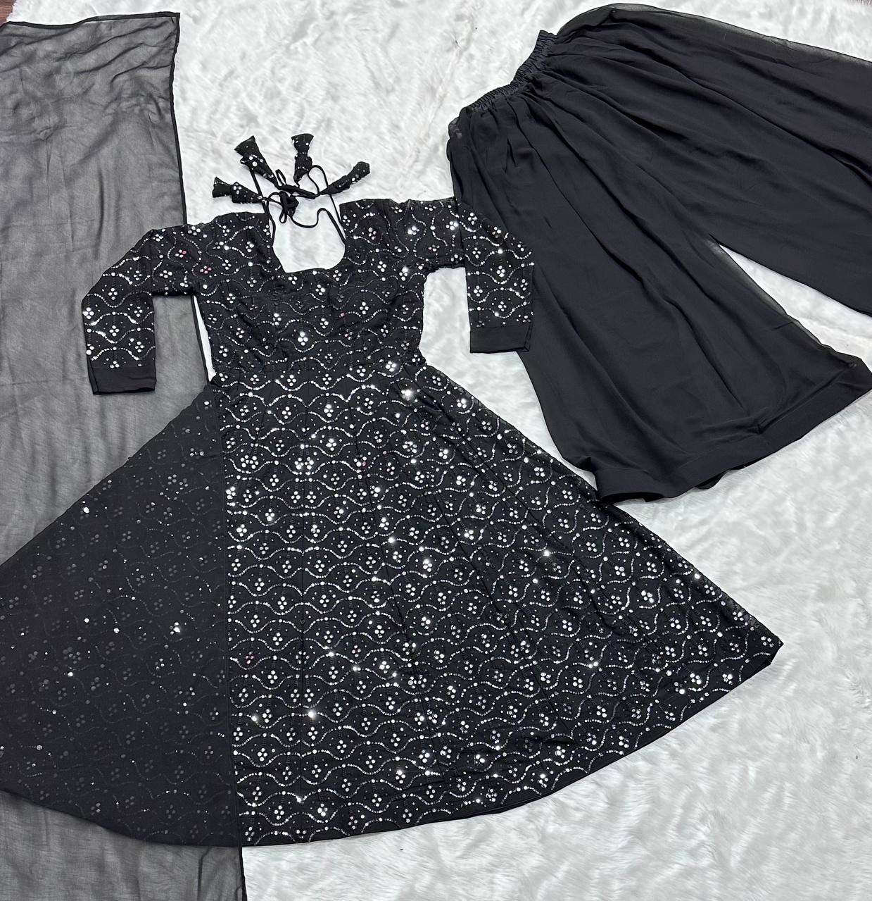 Luxuriant Black Color Faux Blooming With Heavy Sequins And Thread Embroidered Work Palazzo Suit