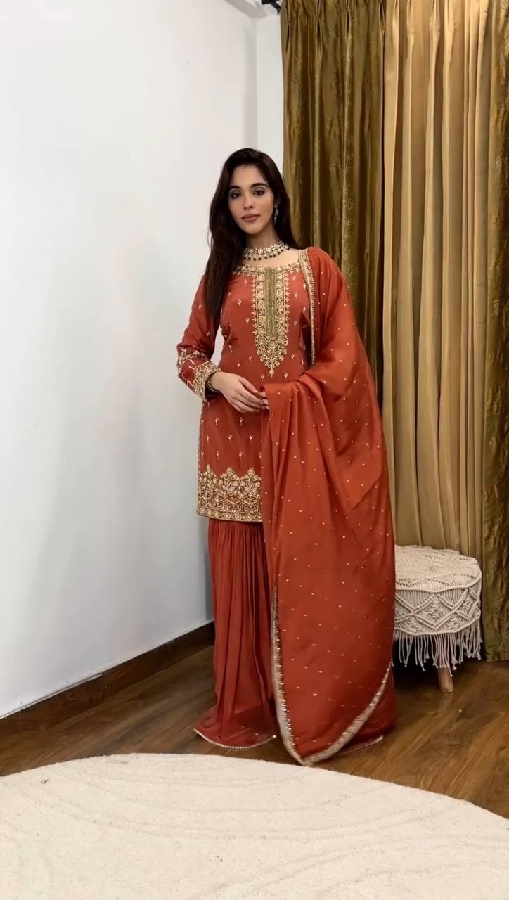 Exclusive Red Color Pure Heavy Simmer Silk With Embroidery Sequence Work Palazzo Suit