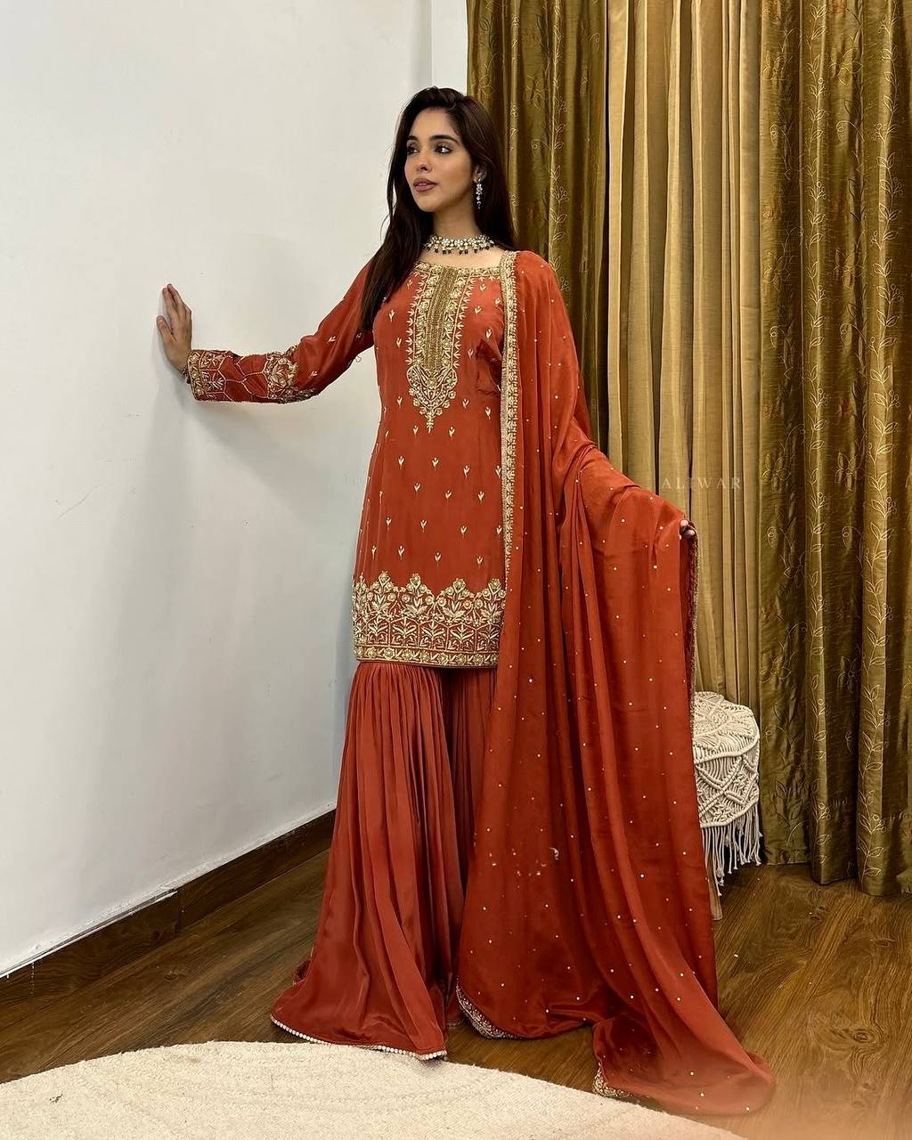 Exclusive Red Color Pure Heavy Simmer Silk With Embroidery Sequence Work Palazzo Suit